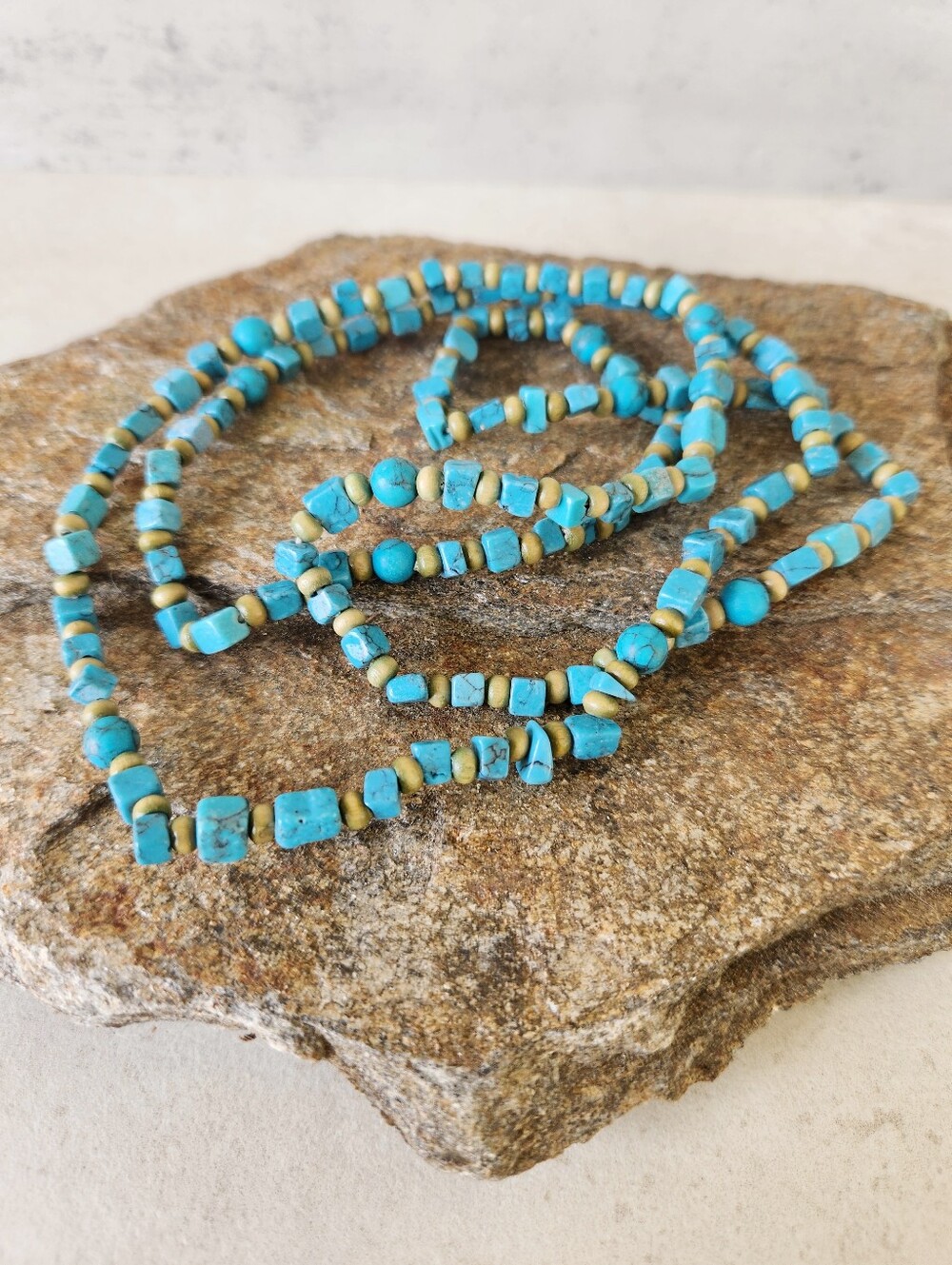 Faux Turquoise Beaded Long Necklace Women's Jewelry with Wood Beads
